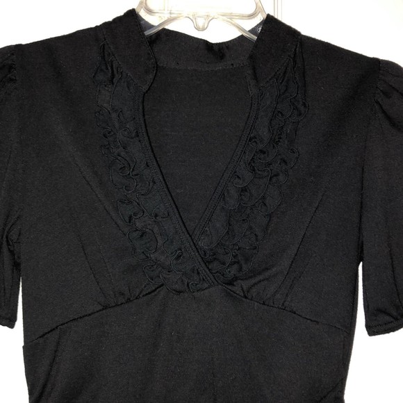 Womens Blouse Black V-Neck Top Tuxedo Style Ruffles Size Small Short Sleeve - Picture 2 of 5